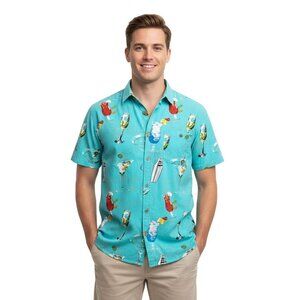 Mens Hawaiian Shirt Cocktail Martinis Mixed Drink Bar Luau (XL) Teal Turquoise